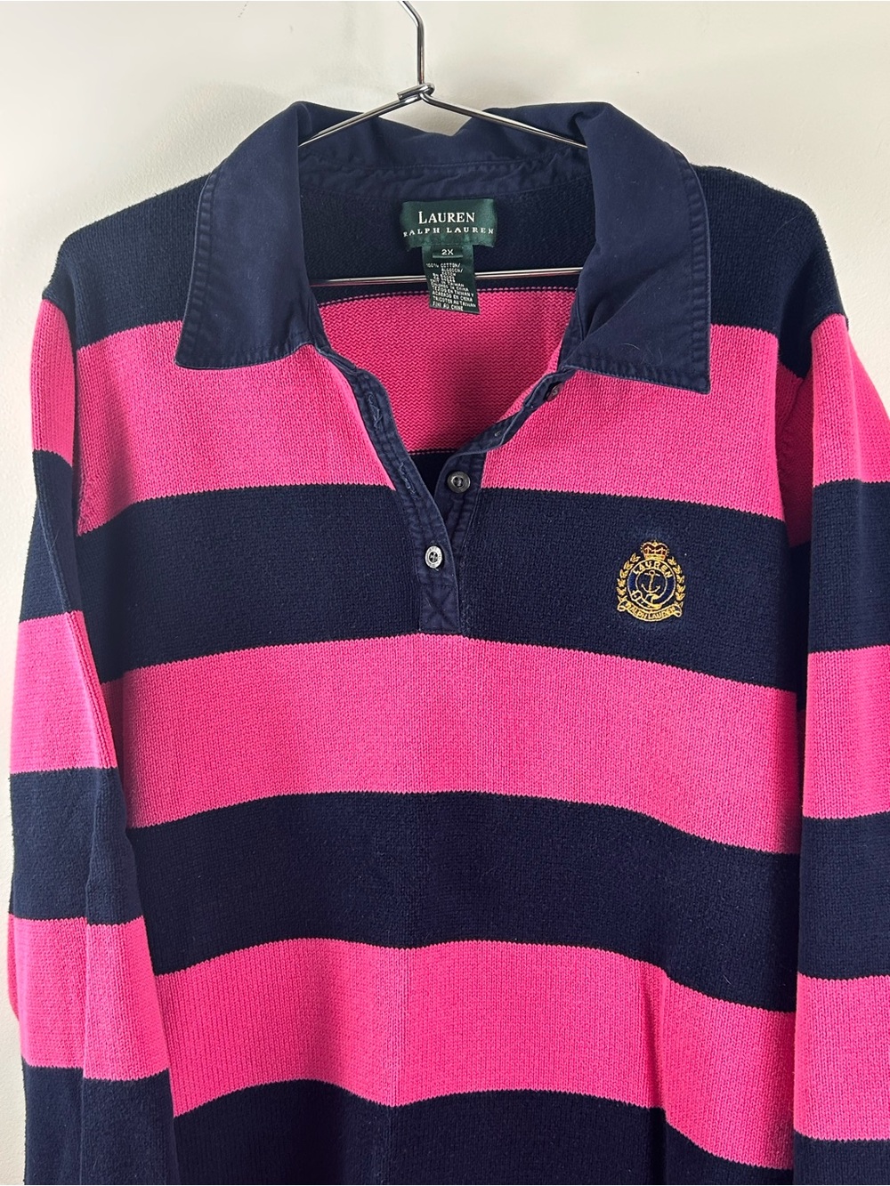 Lauren Ralph Lauren Hot Pink and Navy Striped Rugby Polo - Picture 6 of 6
